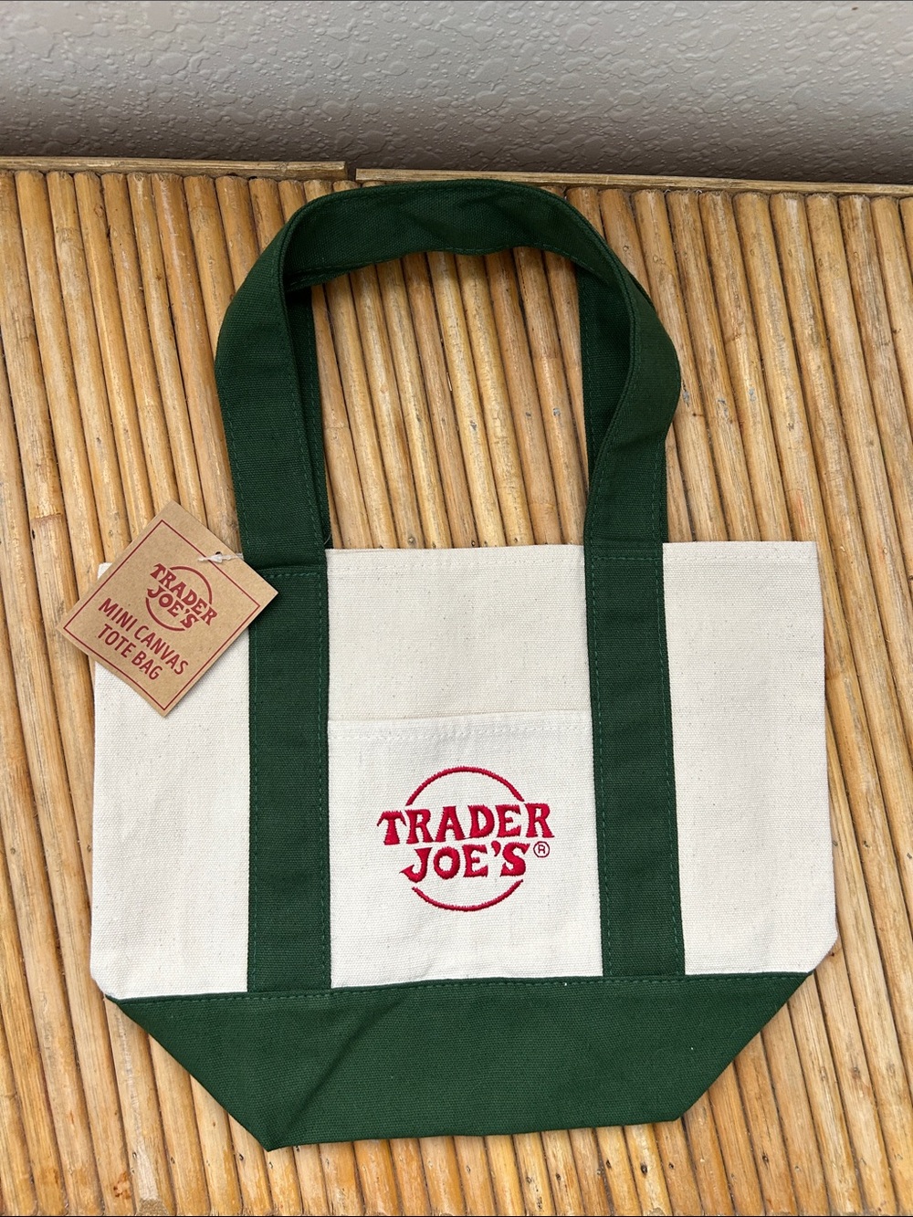Trader Joe's Mini Canvas Tote Bag - Cream with Green Handles